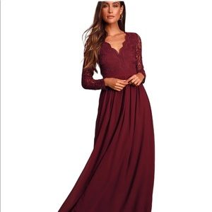Lulu’s Awaken My Love Burgundy Long Sleeve Lace Maxi Dress Size Small